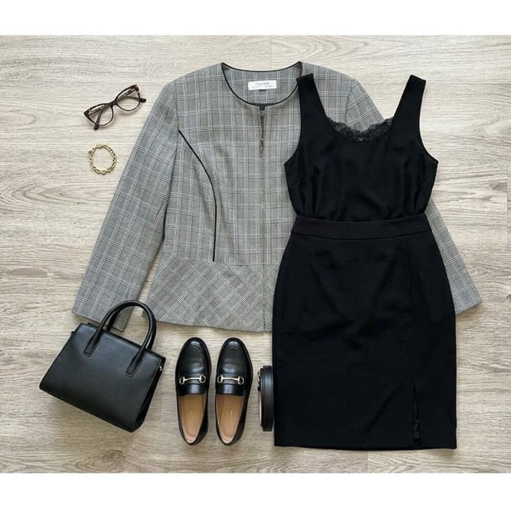 Tahari ASL Gray Plaid Full Zip Blazer Jacket Peplum Hem (est. size 2x)